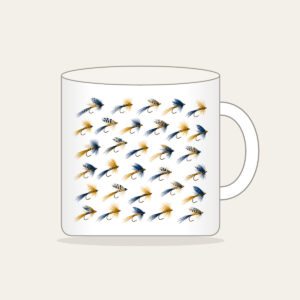 Trout Flies in Diagonal Rows Mug in white: Tiny trout flies lined up in diagonal rows in navy, gold and cream.
