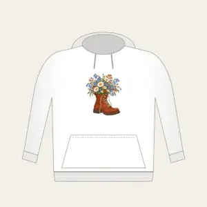 Lace-Up Boot Overflowing with Daisies Hoodie in white: A lace-up boot spilling daisies and bluebells in cream, sky blue and rust.
