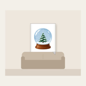 Tiny Pine Snow Globe Fleece Blanket in white: A small pine tree stands inside a round snow globe as white flakes swirl around it.