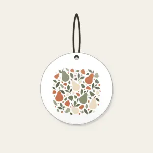 Pear and Pebble Terrazzo Garden Ceramic Ornament in white: All-over terrazzo of pears, leaves and pebbles in sage, terracotta and cream.