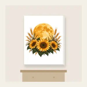 Harvest Moon over Sunflower Fields Canvas Print in white: A large harvest moon rises over sunflower and wheat silhouettes in amber, deep green and cream.