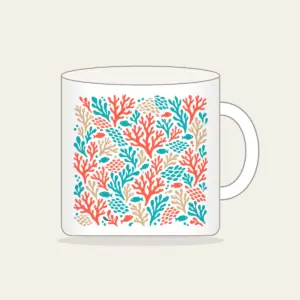 Coral Branch and Fish Scale Mosaic Mug in white: An all-over mosaic of coral branches and small fish scales in coral, turquoise and sand.