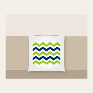 Lime and Navy Zigzag Bands Pillow in white: Bold zigzag bands in lime, white and navy sweep across the artwork.
