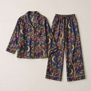 Satin Loose Pants Moonlit Orchard Set with all-over fruit trees and crescent moons in plum, gold and navy