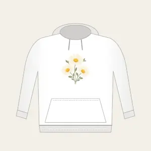 Three Daisies in Butter Yellow Hoodie in white: Three daisies with tiny leaves in cream, butter yellow and sage.