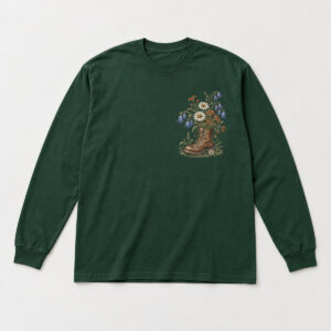 Wildflower Boot Long Sleeve Tee with compact chest print of a lace-up boot overflowing with daisies and bluebells in cream, sky blue and rust