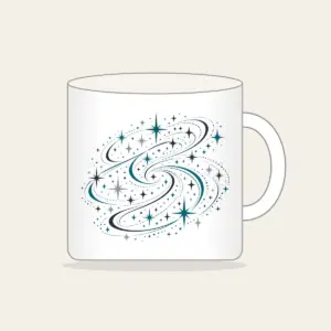 Charcoal Night Trail of Stars and Paths Mug in white: An all-over pattern of stars and path lines in charcoal, silver and teal.