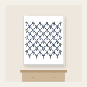 Navy Lattice with Tiny Keys Canvas Print in white: A lattice of thin navy lines on cream, with a tiny repeating key motif.