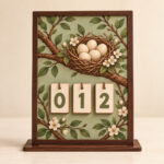 Sage wooden bookshelf tracker with a branch-and-nest illustration, three number cards displaying 012 and a slot-in stand.
