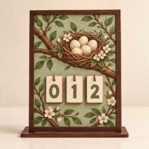 Sage wooden bookshelf tracker with a branch-and-nest illustration, three number cards displaying 012 and a slot-in stand.