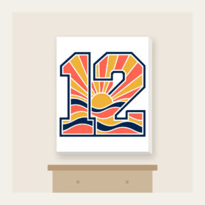 Sunrise Bands Number 12 Canvas Print in white: Sunrise bands in coral, gold and navy with the number “12” and no other text.