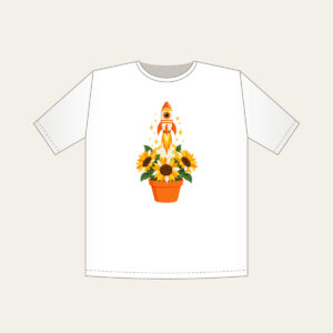 Striped Rocket in Sunflower Pot T-Shirt in white: A small striped rocket lifts off from a pot of sunflowers in white, yellow and orange.