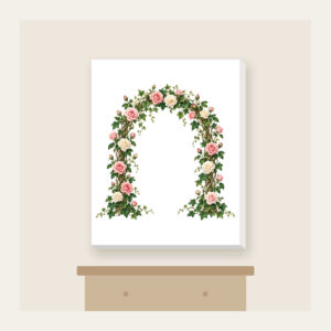 Rose and Ivy Garden Arch Canvas Print in white: An arch of climbing roses and ivy in blush, deep green and cream, leaving generous open space in the middle.