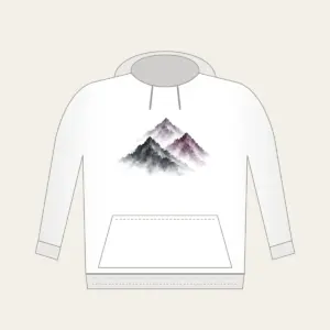 Three Overlapping Mountain Peaks Hoodie in white: Three overlapping mountain peaks in charcoal grey and muted plum, painted in a restrained brush style.