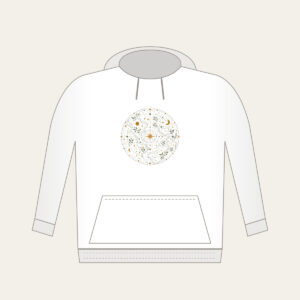 Map Lines with Blooms and Stars Hoodie in white: Winding map lines carry small blooms and stars in sage, cream and ochre.