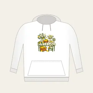 Lemon and Flower Market Stall Hoodie in white: A market table piled with lemons and blossoms in lemon yellow, cream and green.