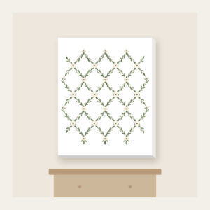 Sage Lattice Diamonds with Tiny Blossoms Canvas Print in white: A lattice of diamonds in sage and cream is dotted with tiny blossoms.