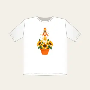 Striped Rocket in Sunflower Pot T-Shirt in white: A small striped rocket lifts off from a pot of sunflowers in white, yellow and orange.