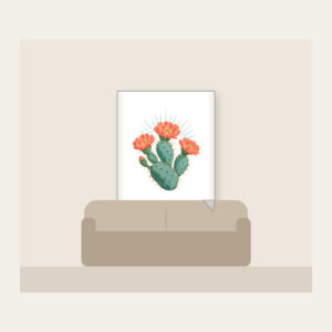 Prickly Pear with Three Coral Blossoms Fleece Blanket in white: A prickly pear cactus with three coral blossoms and fine sun rays in weathered turquoise and coral.