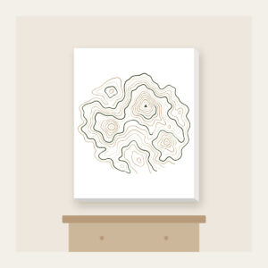 Moss Contour Map Canvas Print in white: Topographic contour lines in moss, sand and cream with a tiny peak marker.