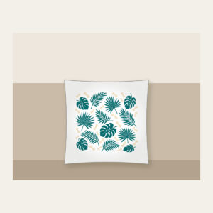 Palm Leaves and Little Bones Pillow in white: Palm leaves and small bones in teal and cream, scattered all over.