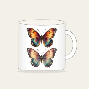 Amber Plum Watercolor Butterfly Mug in white: A butterfly with watercolor-style wings in amber, plum and teal, traced with delicate vein linework.