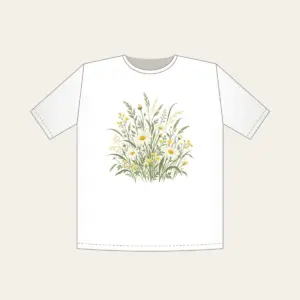 Meadow Grass and Daisy Field T-Shirt in white: A flat meadow of swaying grasses and small daisies in sage, cream and butter yellow.