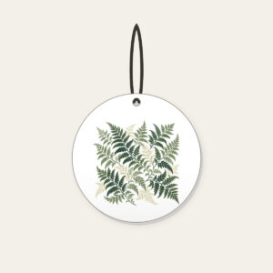 Fern Lattice Ceramic Ornament in white: Fern fronds interlaced into a lattice in sage, forest green and cream.