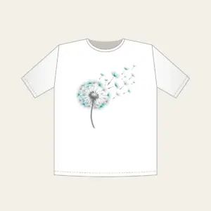 Dandelion Seed Head Drifting Away T-Shirt in white: A dandelion seed head releases seeds in grey and teal on white.