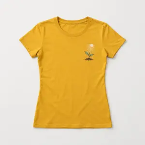 Sunbeam Seedling Women's Tee with small chest print of a seedling reaching for sunbeams in cream, green and brown