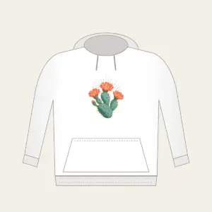 Prickly Pear with Three Coral Blossoms Hoodie in white: A prickly pear cactus with three coral blossoms and fine sun rays in weathered turquoise and coral.