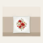Poppy Diamond Garden Pillow in white: Diamond lines hold scattered poppies in red, cream and olive.