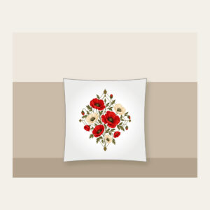 Poppy Diamond Garden Pillow in white: Diamond lines hold scattered poppies in red, cream and olive.