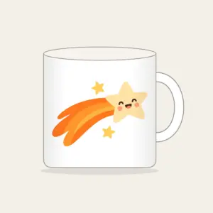 Cheerful Comet with Two Stars Mug in white: A cheerful cream comet with an orange curved tail and two pale-yellow stars.