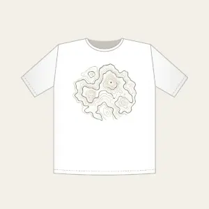 Moss Contour Map T-Shirt in white: Topographic contour lines in moss, sand and cream with a tiny peak marker.