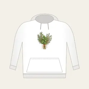 Herb Bundle with String Hoodie in white: A bundle of rosemary, basil and thyme tied with string in green, cream and terracotta.