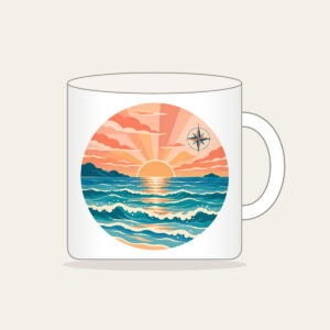 Coastal Sunrise Bands with a Compass Rose Mug in white: Bands of peach, coral and teal show a coastal sunrise, with tiny waves and a small compass rose.