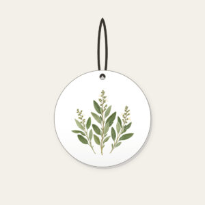 Three Pressed Sage Sprigs Ceramic Ornament in white: Three sage sprigs in cream and pale green with tiny dotted stems, like a page from a pressed-botanical album.