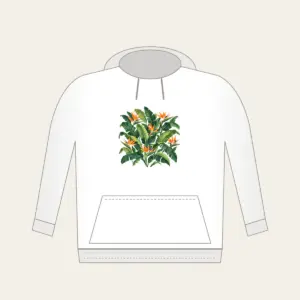 Banana Leaves and Birds-of-Paradise Hoodie in white: Banana leaves and birds-of-paradise flowers in green and orange on cream.