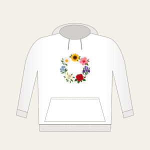 Weekly Seven Flower Border Hoodie in white: A border of seven small, different flowers, one for each day, surrounds an open centre.