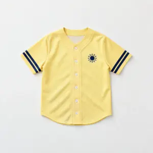 Sunny Side Kids Baseball Jersey with all-over pale yellow with a small sun crest on the chest and navy stripes at the sleeve ends