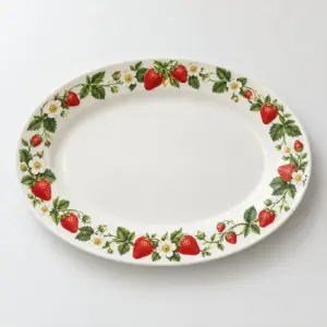 Picnic Berry Oval Platter with a border of strawberries and blossoms in red, cream and green around a plain center