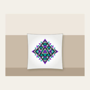 Violet and Teal Triangle Pattern Pillow in white: A bold geometric pattern of triangles in violet, teal and silver on charcoal.