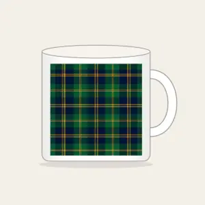 Green and Navy Plaid with Gold Lines Mug in white: A classic plaid of green and navy, finished with fine gold lines.