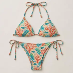 Coral Reef Mosaic String Bikini with an all-over mosaic of coral branches and small fish scales in coral, turquoise and sand