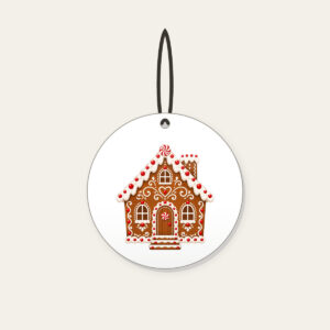 Gingerbread Cottage with Icing Swirls Ceramic Ornament in white: A gingerbread-style cottage with white icing swirls and candy dots in brown, white and red.