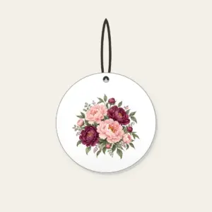 Blush and Plum Peony Clusters Ceramic Ornament in white: Full peony clusters in blush, plum and sage drift across the artwork in an all-over pattern.