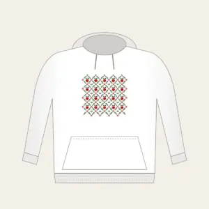Orchard Diamond Lattice Hoodie in white: A diamond lattice with small apple and leaf motifs in red, cream and green.