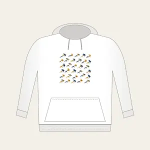 Trout Flies in Diagonal Rows Hoodie in white: Tiny trout flies lined up in diagonal rows in navy, gold and cream.