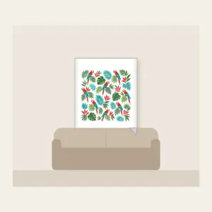 Parrots and Palm Leaves Repeat Fleece Blanket in white: Small parrots and palm leaves repeat in red, turquoise and green on cream.